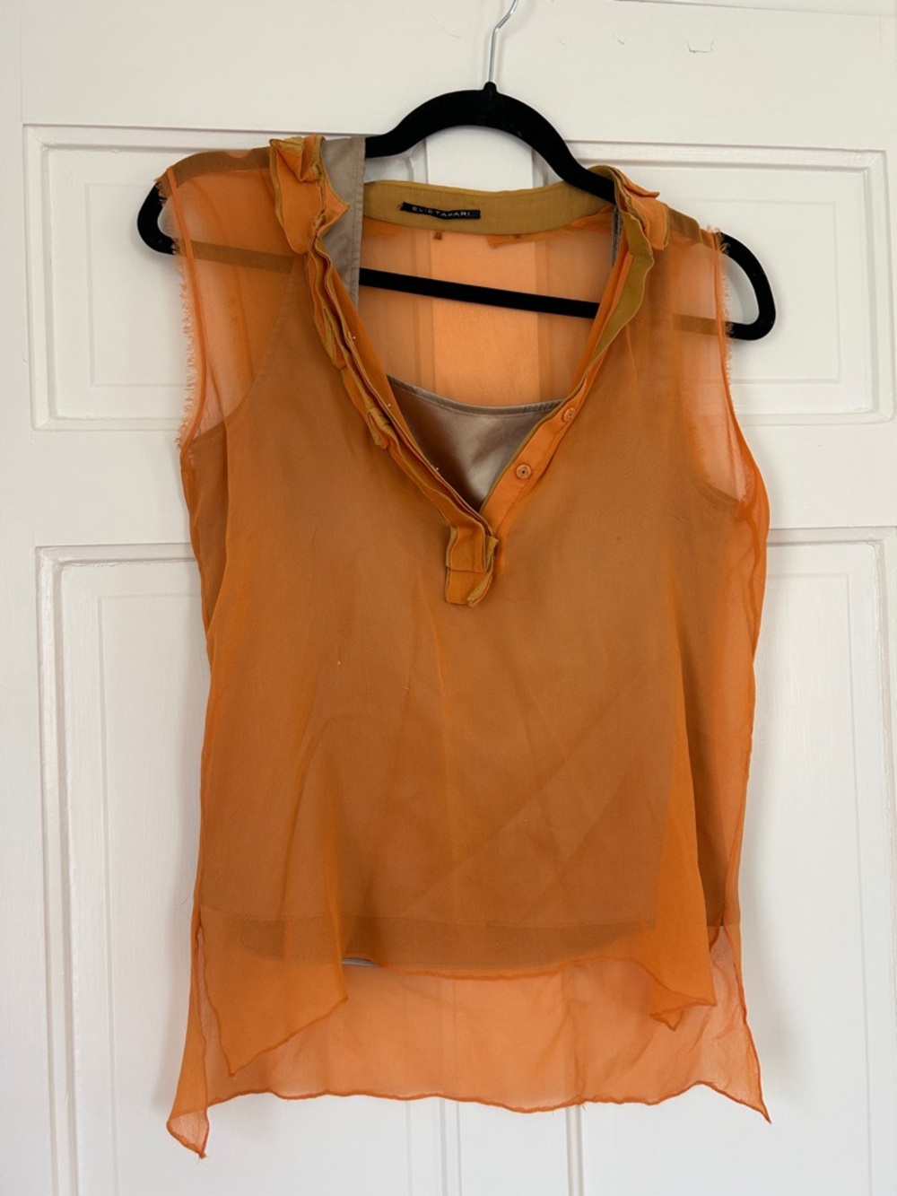 Elie Tahari Sheer Ruffle V-Neck Sleeveless Blouse - Orange